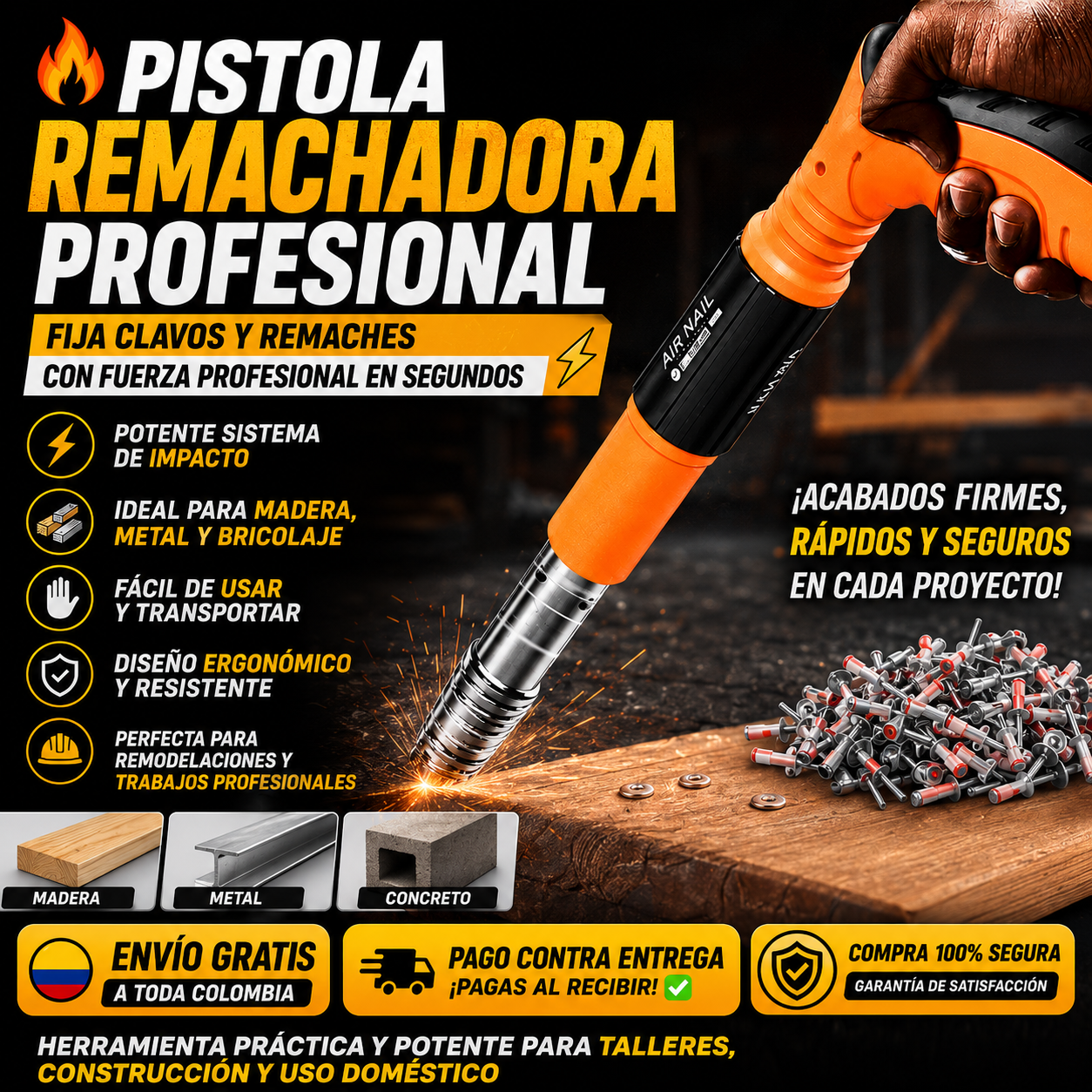 Pistola Remachadora de Clavos + Estuche con Guantes+Gafas Protectoras+Clavos Regalo 🎁